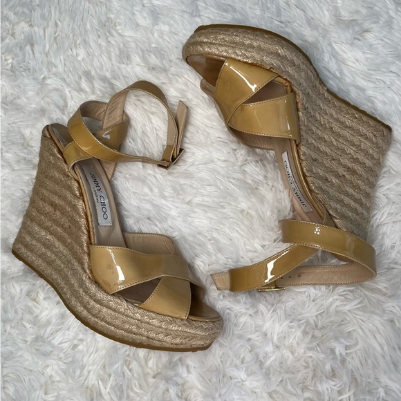 Jimmy Choo | Beige Patent Leather Phönix Espadrille Wedge Sandals - Picture 4 of 13